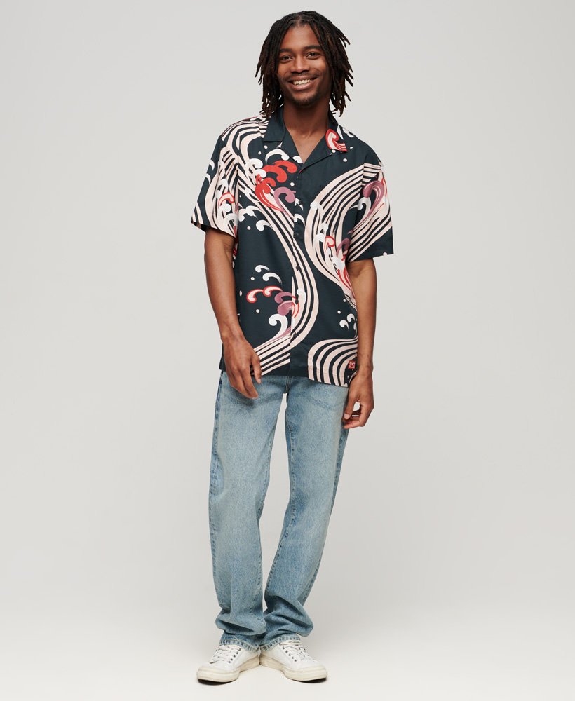 hawaiiaans resortshirt met ryusui zwarte print