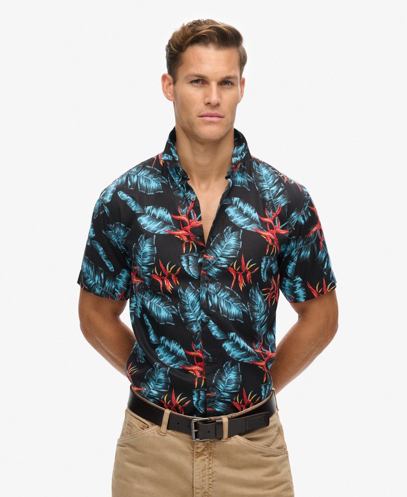 hawaiiaans overhemd in donkerblauw met vuurmotief