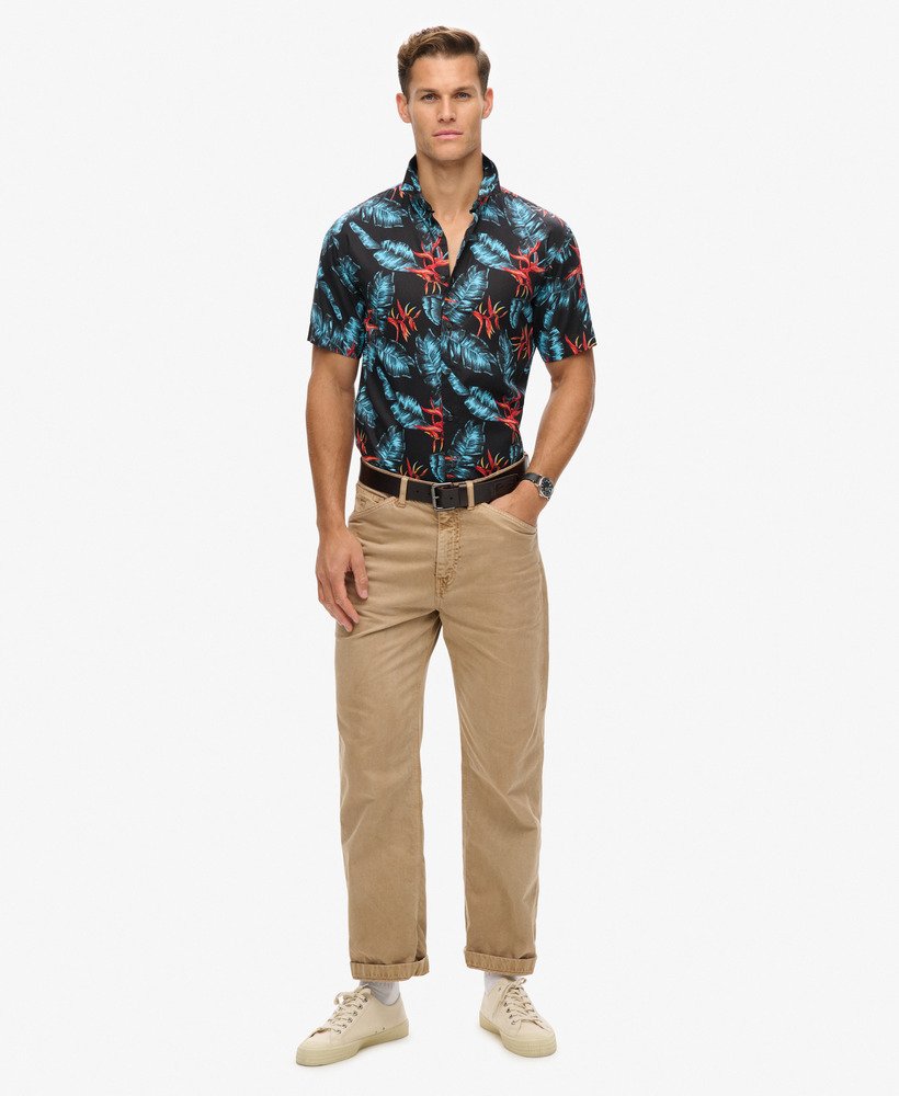 hawaiiaans overhemd in donkerblauw met vuurmotief