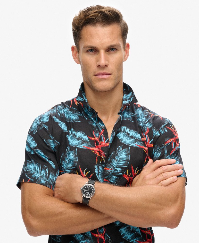 hawaiiaans overhemd in donkerblauw met vuurmotief