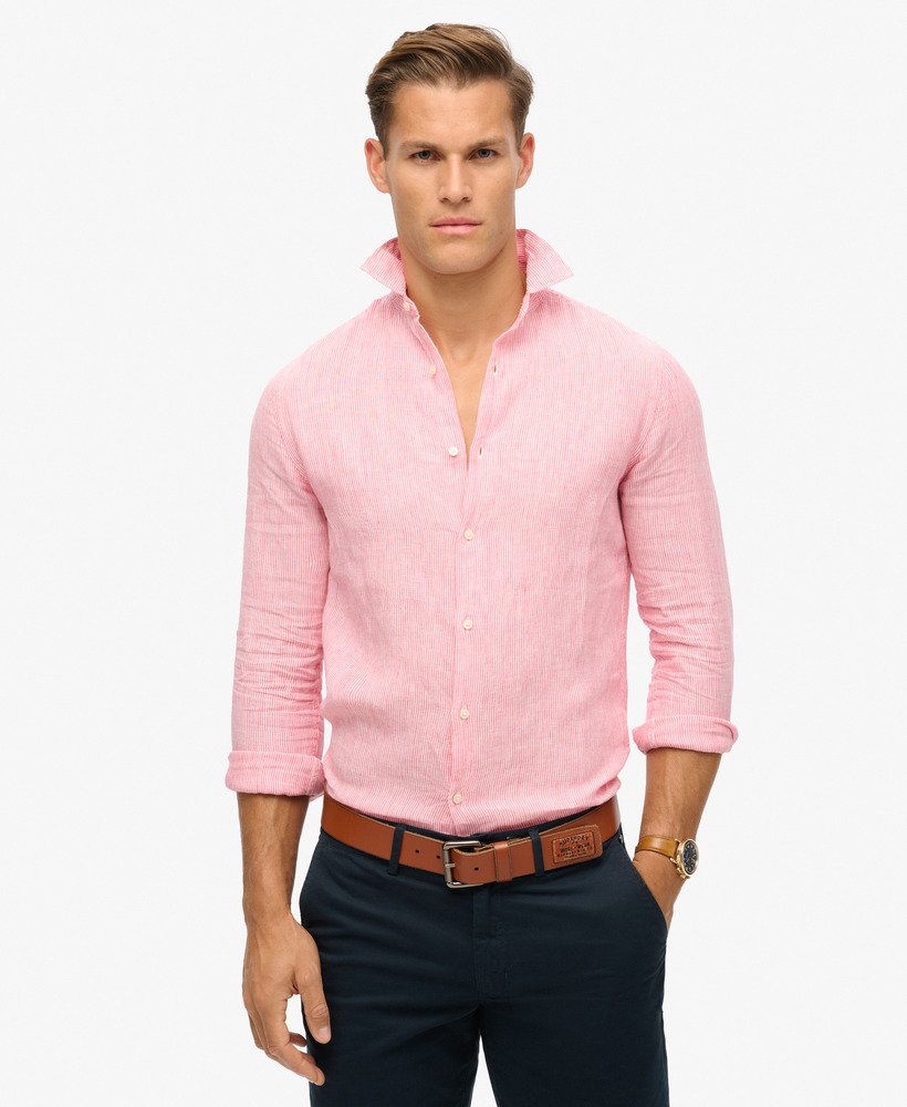 casual linnen shirt met lange mouwen in new house pink stripe