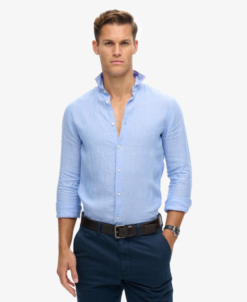 casual linnen overhemd met lange mouwen in lichtblauw chambray.