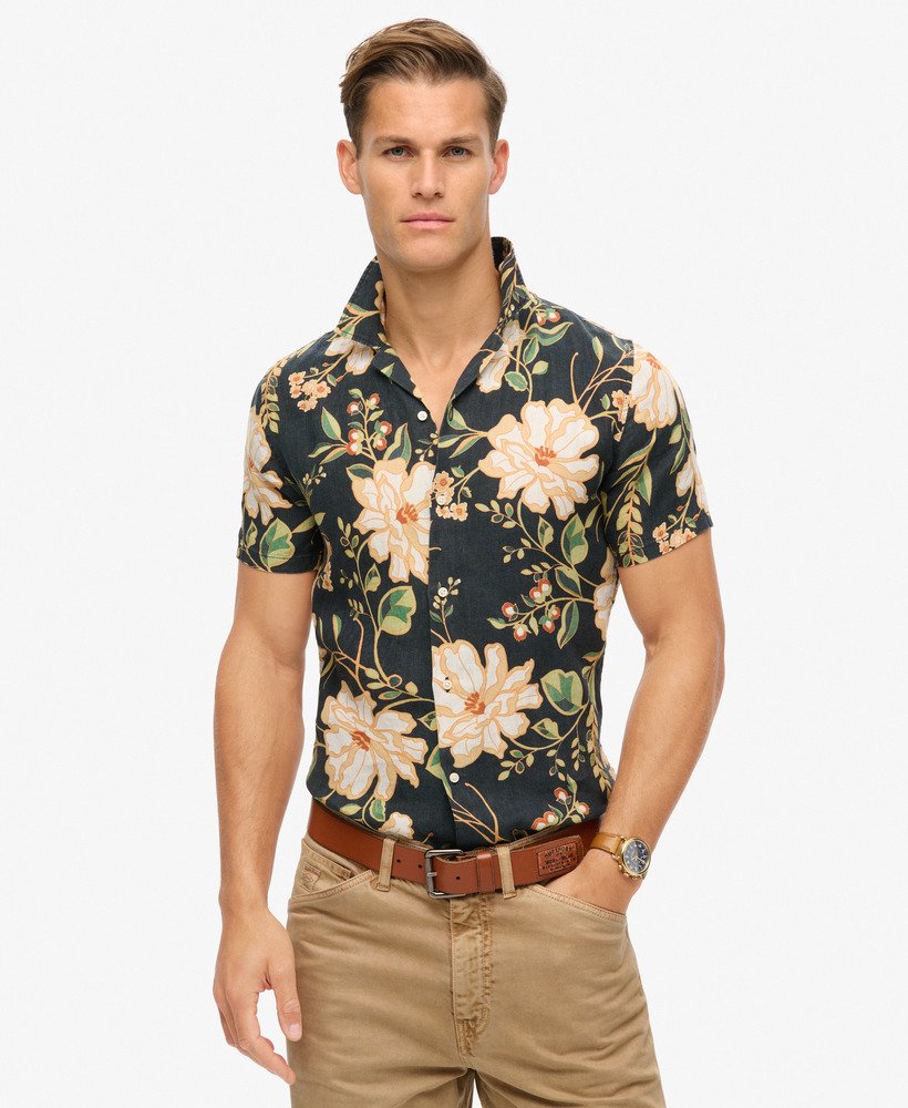 open kraag linnen overhemd met print in de kleur madeline navy.