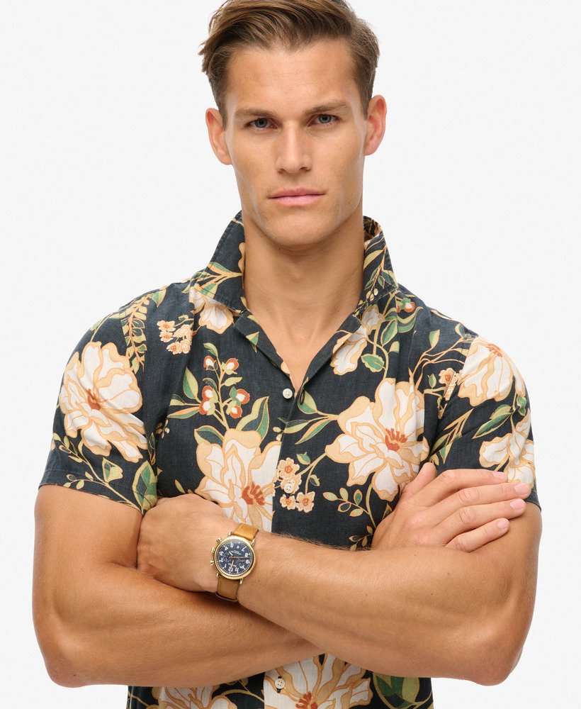 open kraag linnen overhemd met print in de kleur madeline navy.