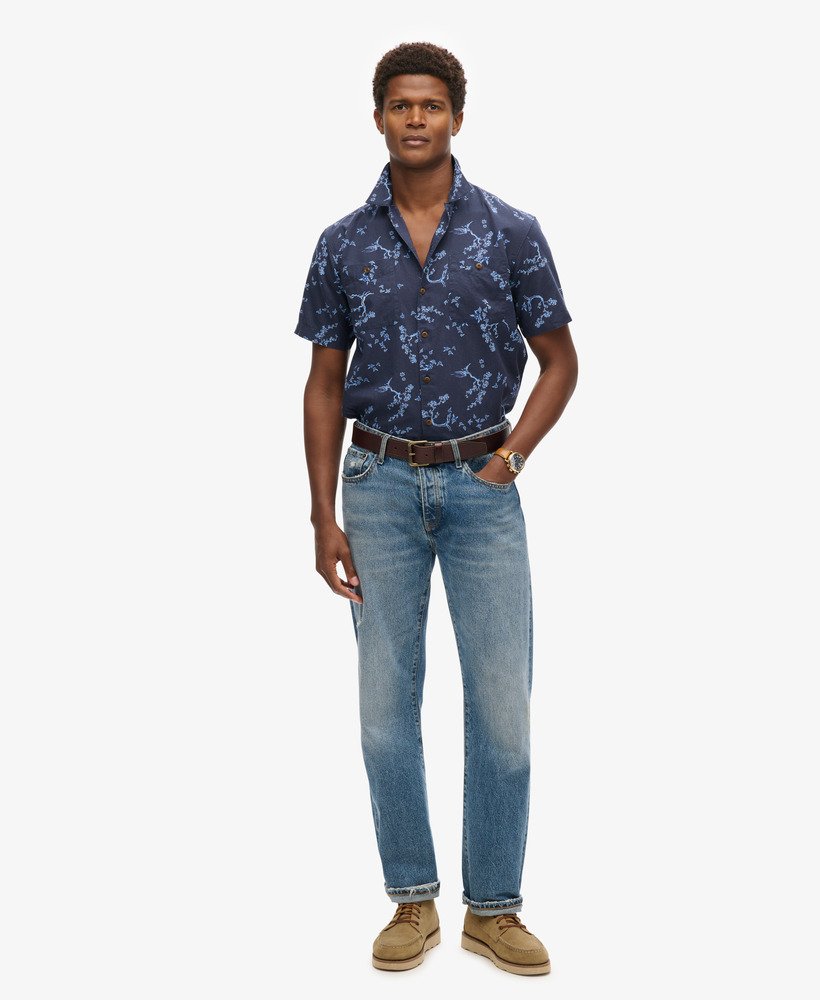 strandshirt met korte mouwen in indigo bloemenprint