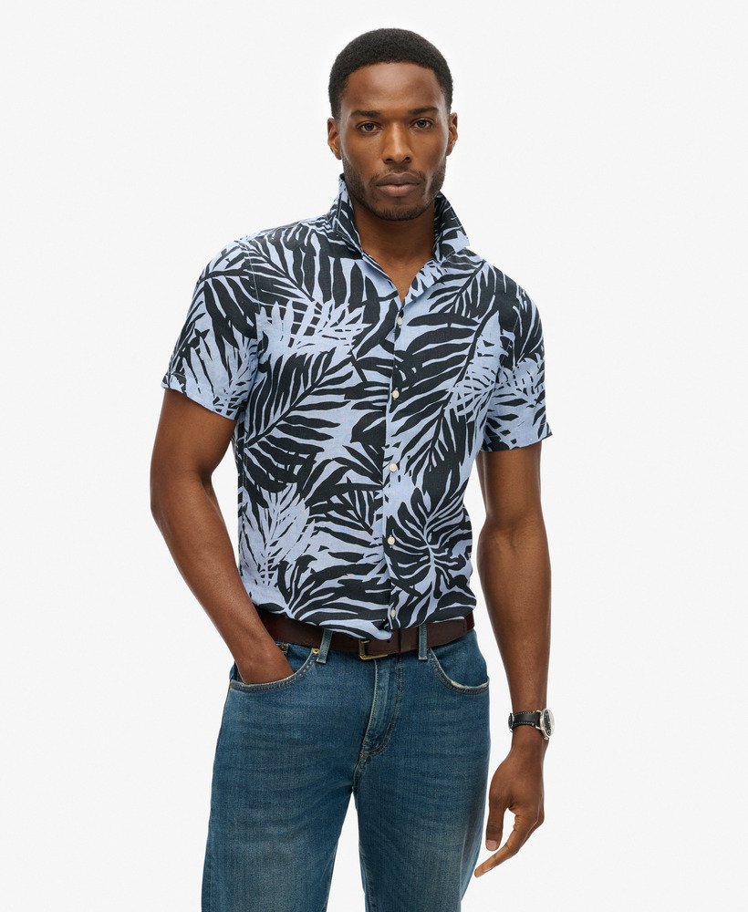 open kraag linnen overhemd met print in philip palm blue