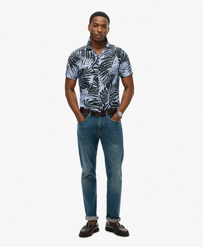 open kraag linnen overhemd met print in philip palm blue