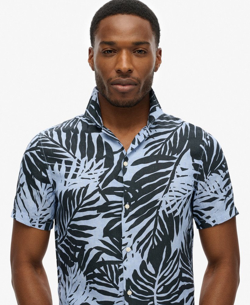 open kraag linnen overhemd met print in philip palm blue