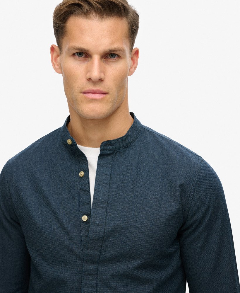 the merchant store - indigo grandad shirt in indigo micro texture
