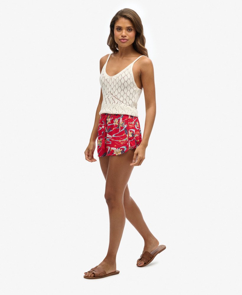 vintage strandshorts met print in rode lelie aop