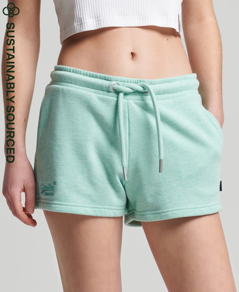 biologische katoenen shorts met vintage logo in mintgroen gemêleerde kleur.