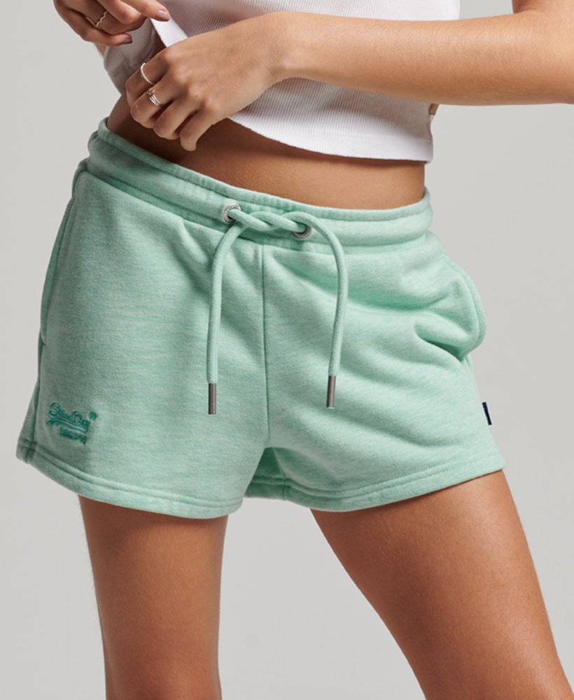 vintage jersey shorts met geborduurd logo in mintgroen gemêleerde kleur.