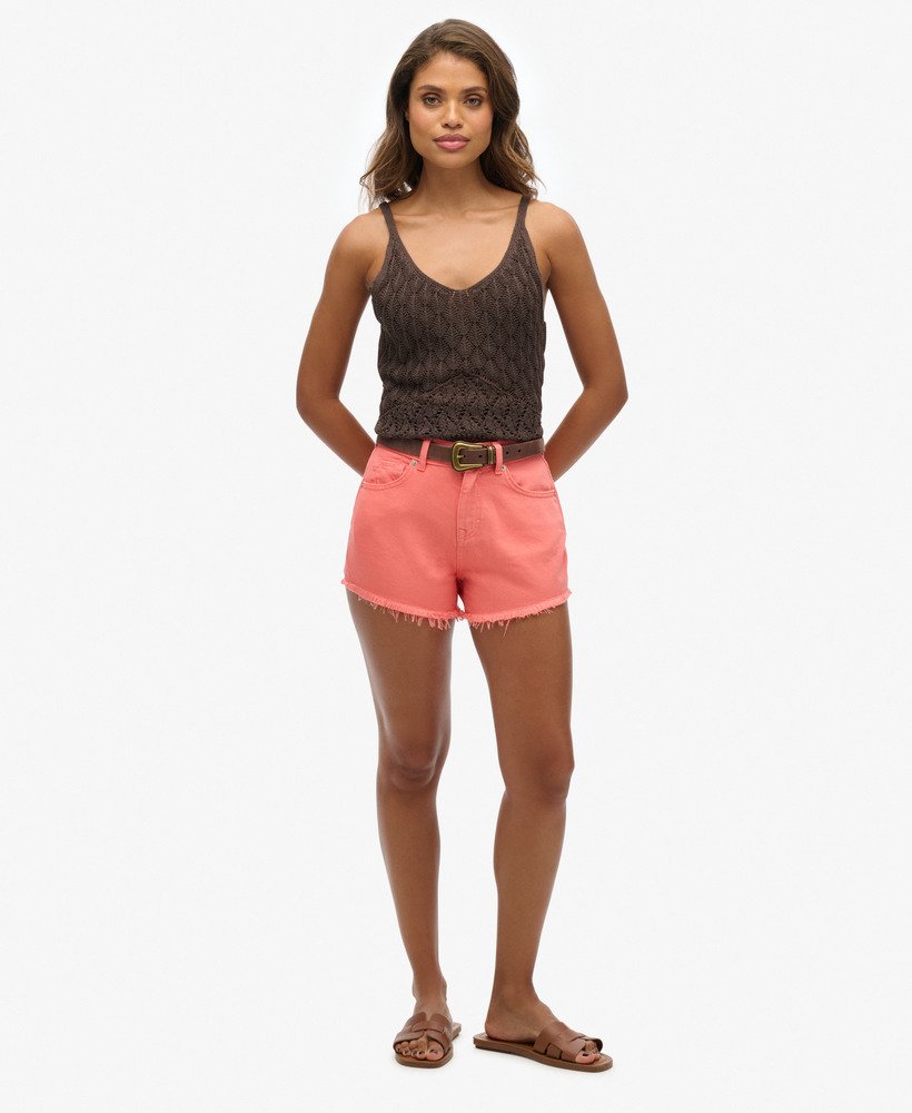 high rise denim shorts in sunset coral