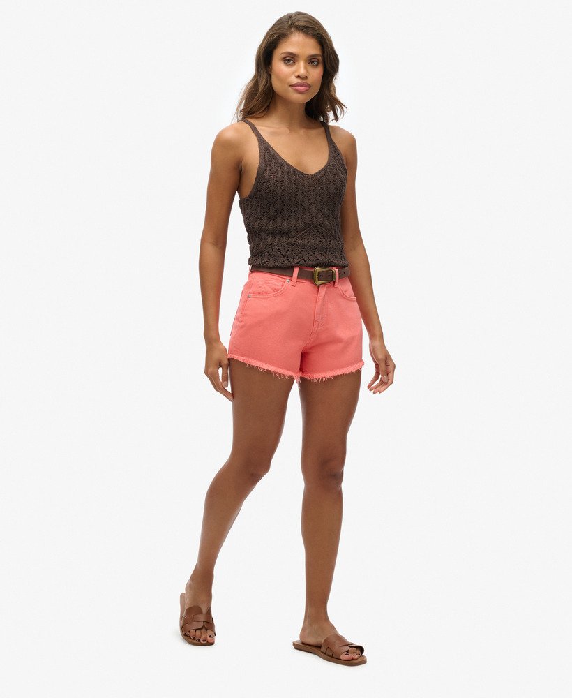 high rise denim shorts in sunset coral