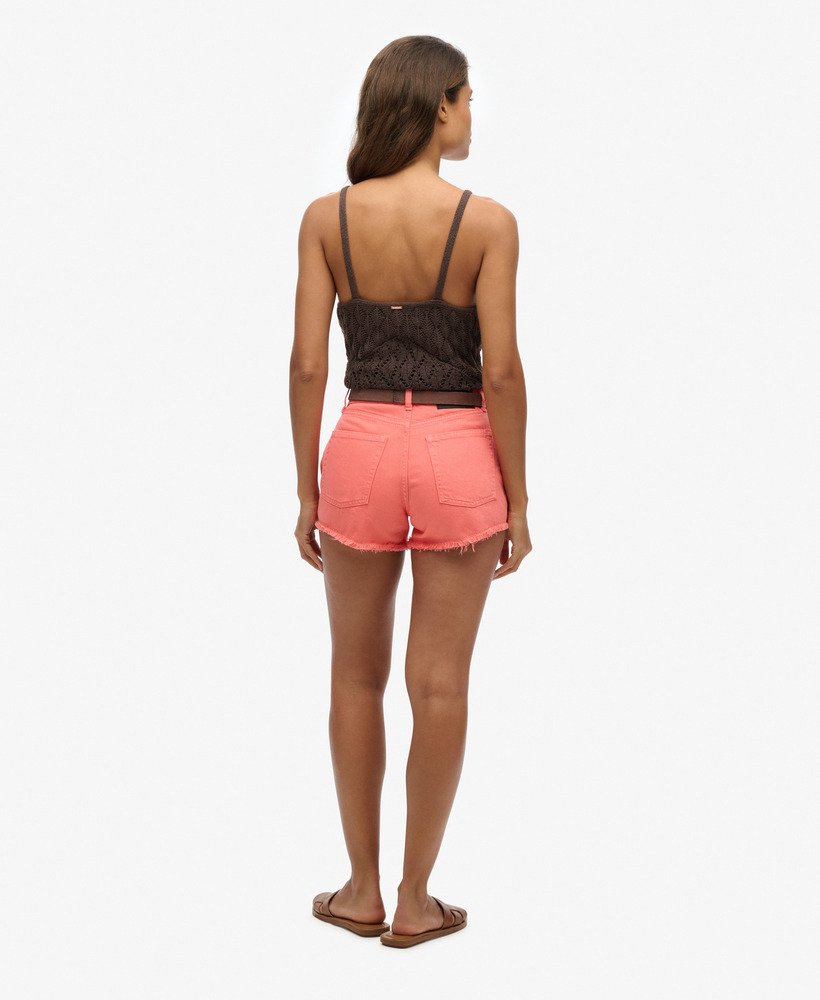 high rise denim shorts in sunset coral