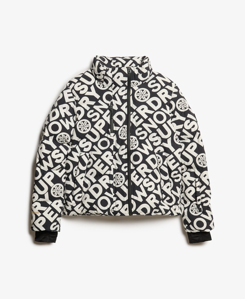 ski boxy puffer jacket in superdry monogram black