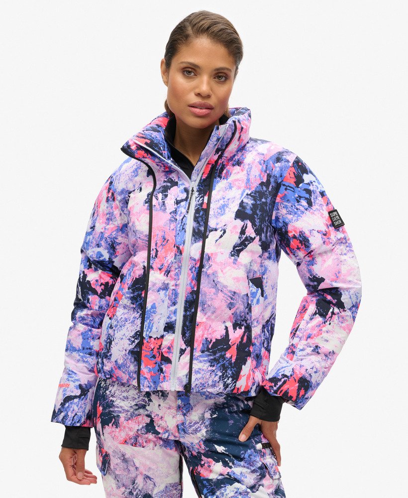 ski boxy puffer jacket in mountain mesh purple