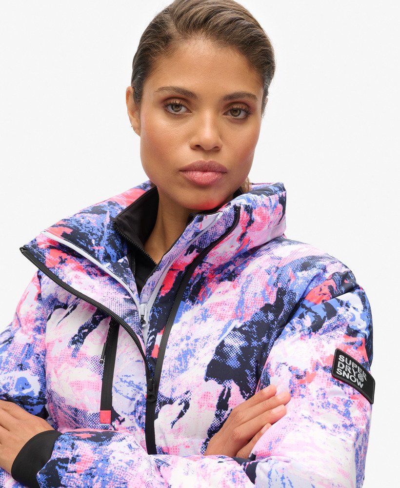 ski boxy puffer jacket in mountain mesh purple