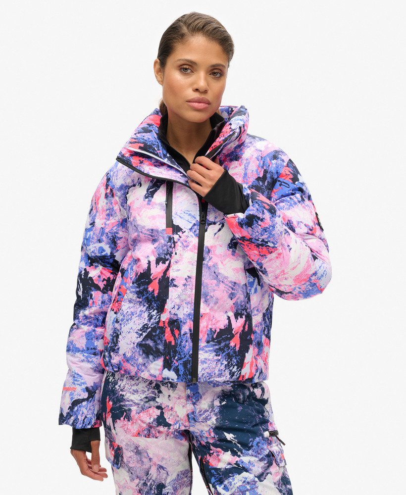 ski boxy puffer jacket in mountain mesh purple