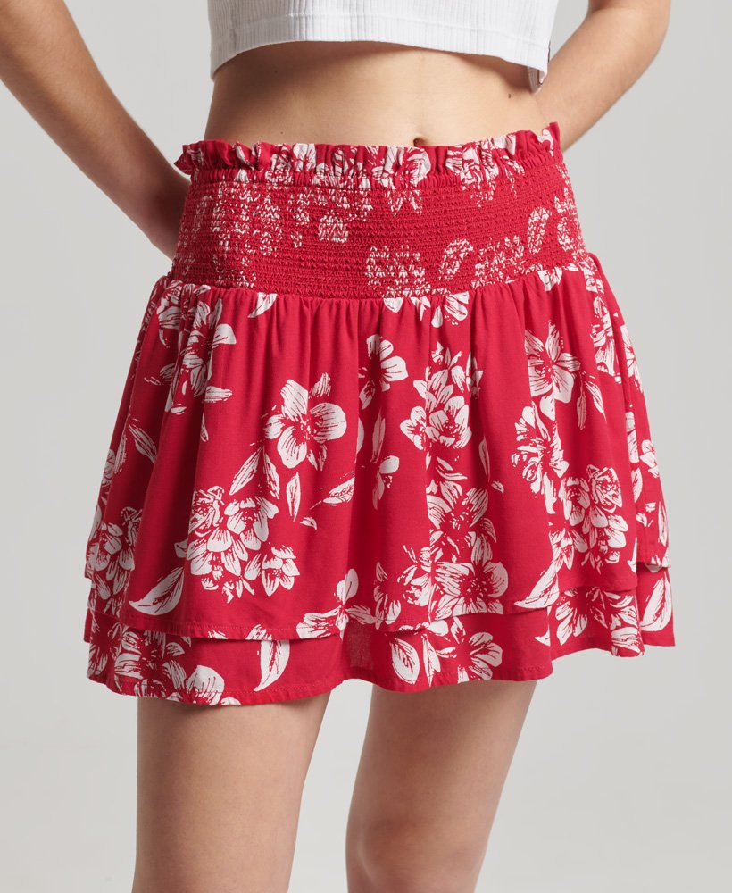 vintage rok met ruches en smockwerk in bloemenprint rood
