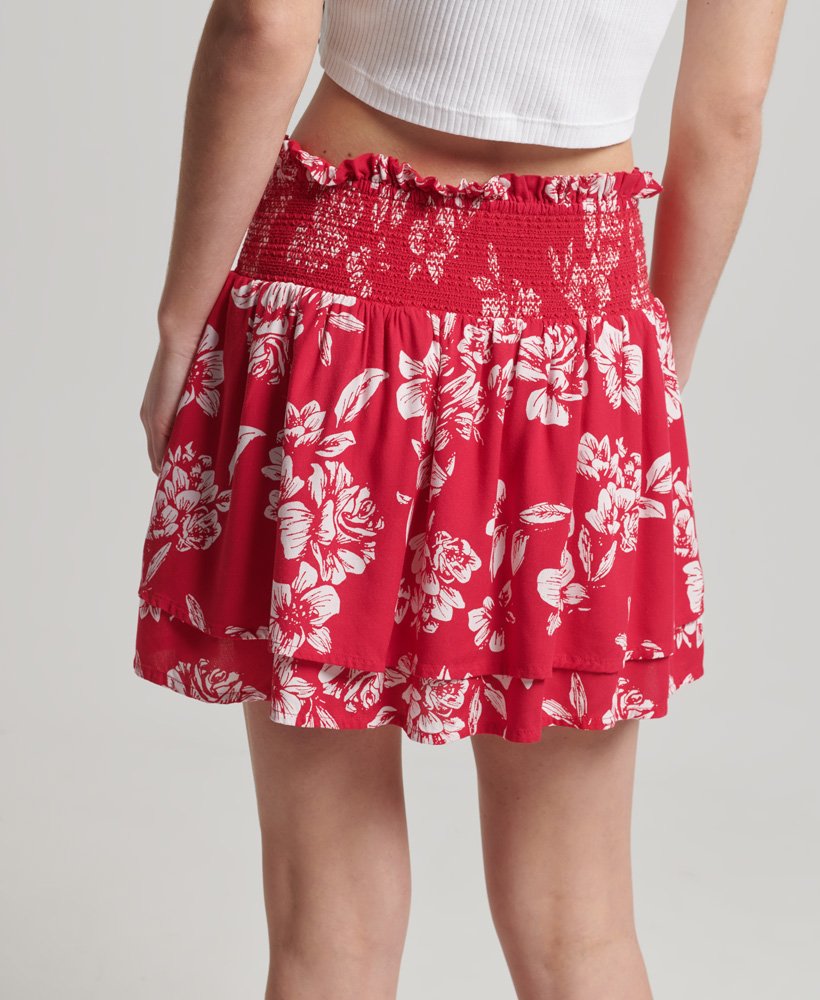 vintage rok met ruches en smockwerk in bloemenprint rood