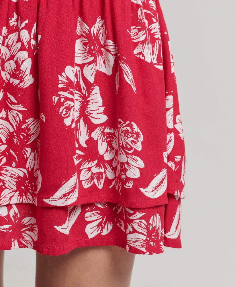 vintage rok met ruches en smockwerk in bloemenprint rood