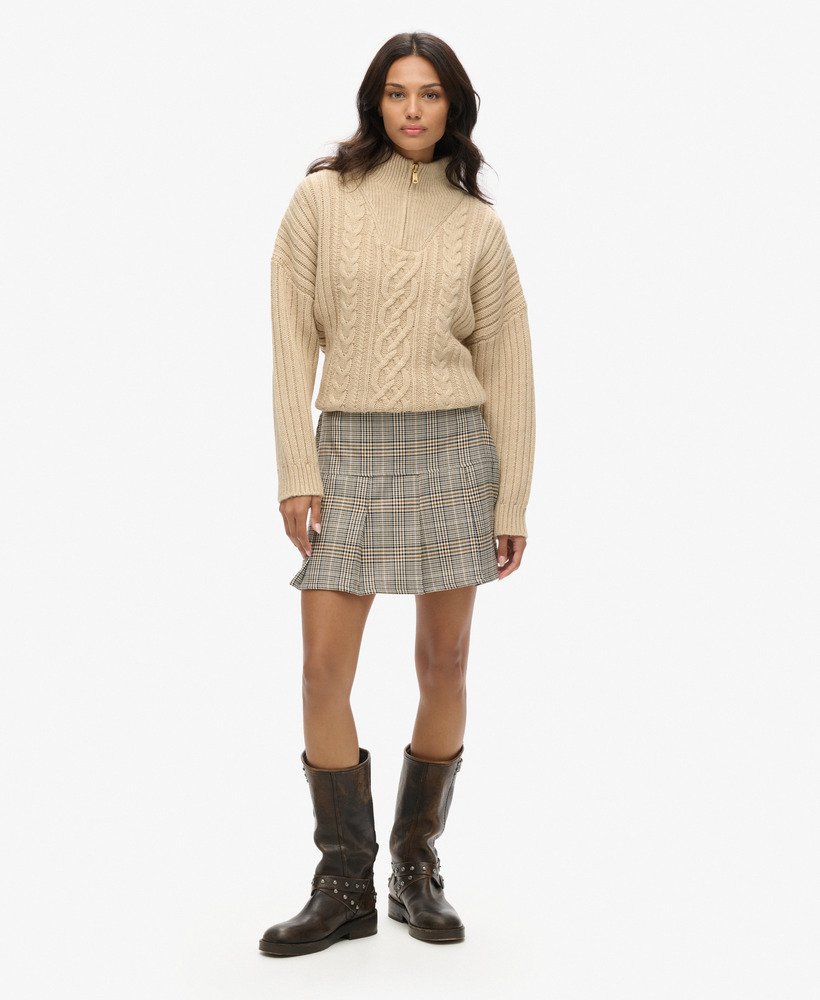 vintage geplooide minirok van tweed in neutrale tweedkleur.