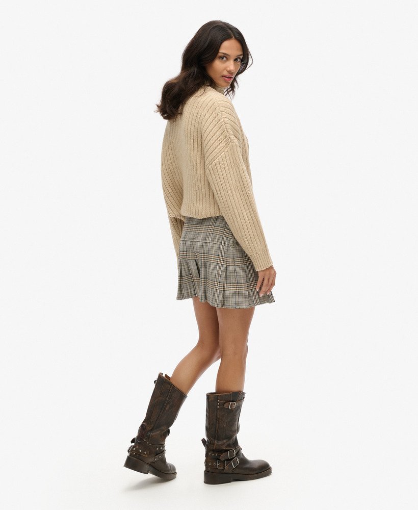 vintage geplooide minirok van tweed in neutrale tweedkleur.