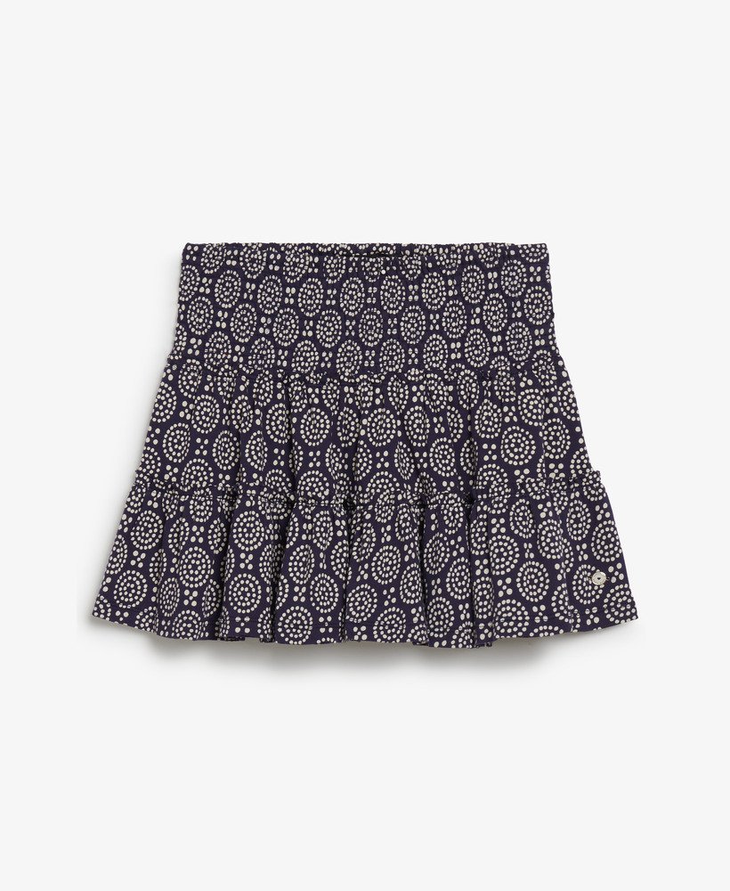 gelaagde jersey minirok in marineblauwe stippen- en bloemenprint