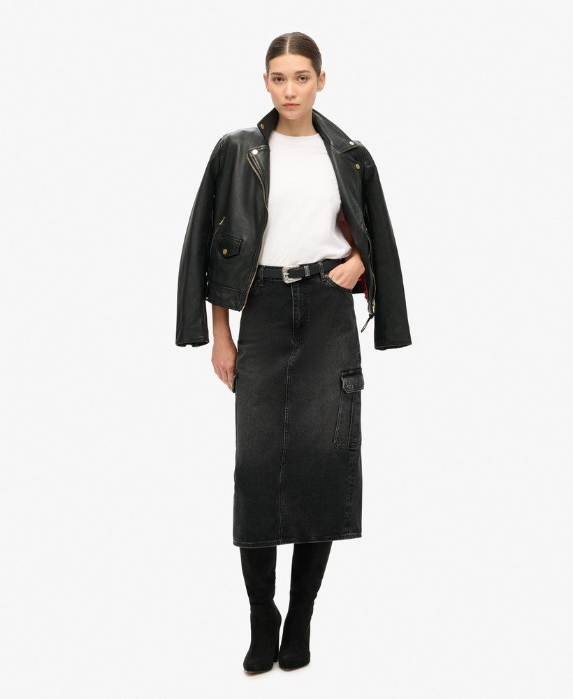 denim midi rok met cargozakken in zwarte denim