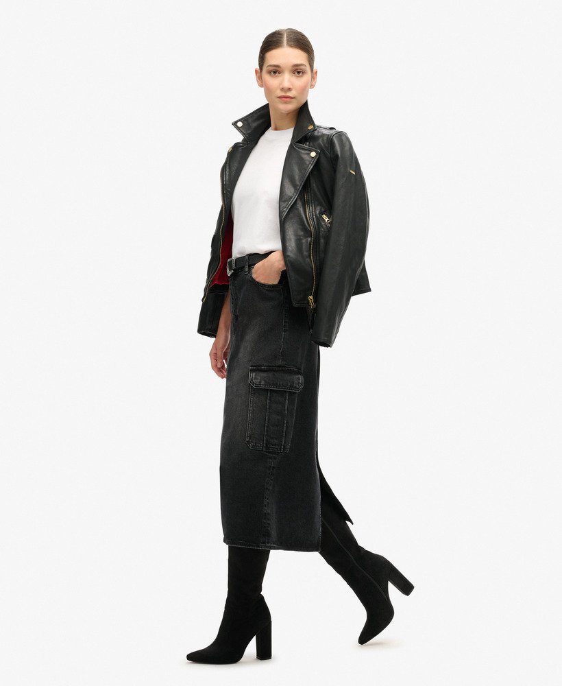 denim midi rok met cargozakken in zwarte denim