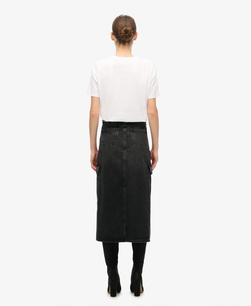 denim midi rok met cargozakken in zwarte denim