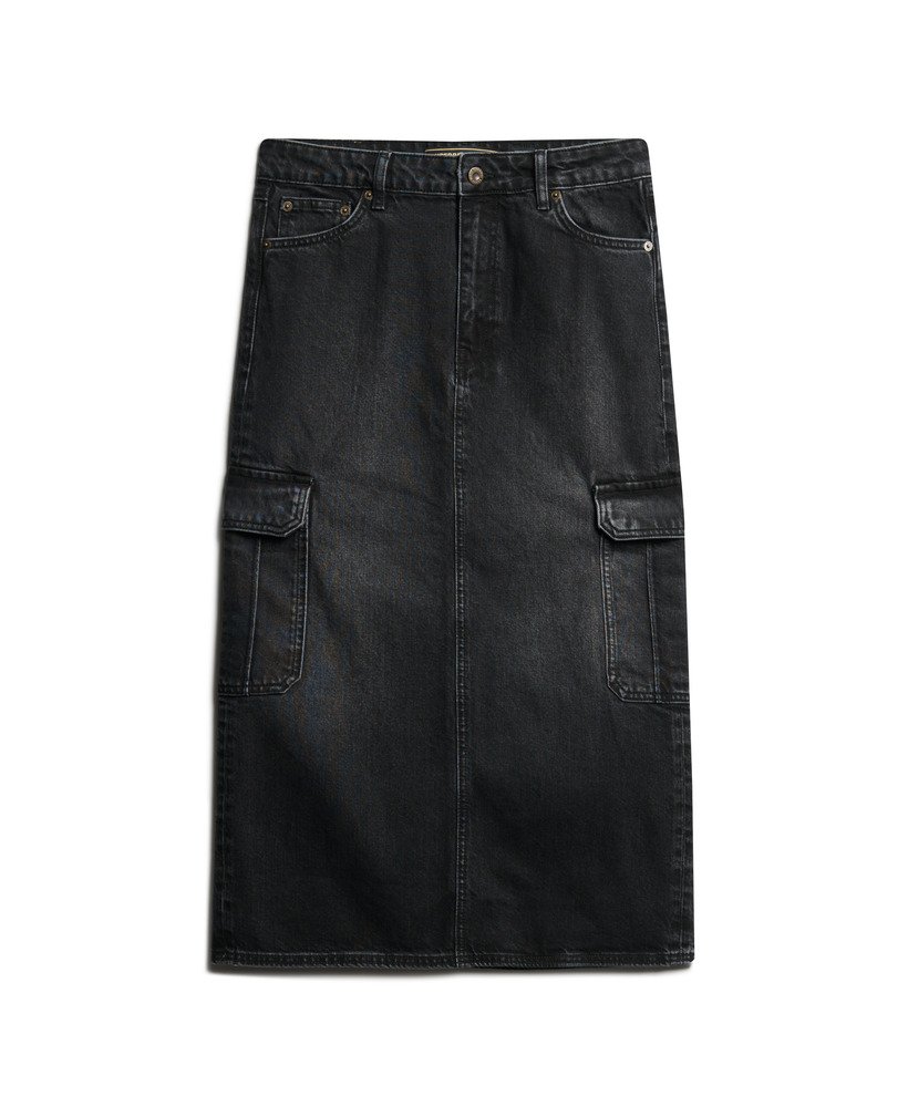 denim midi rok met cargozakken in zwarte denim