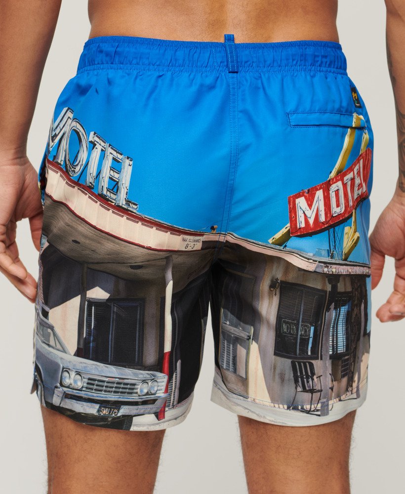 fotografische zwembroek van 17 inch 43 cm van gerecycled materiaal in motel blues