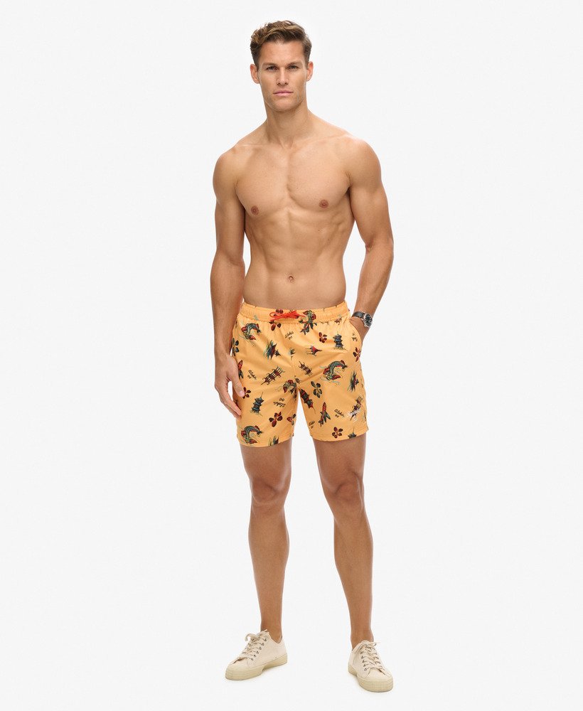 gerecyclede zwembroek met hawaïaanse print van 43 cm in aloha goudgeel.