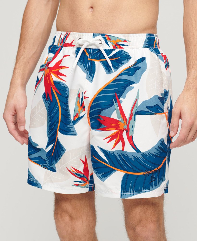 gerecyclede zwembroek met hawaïaanse print van 43 cm in de kleur optic paradise.