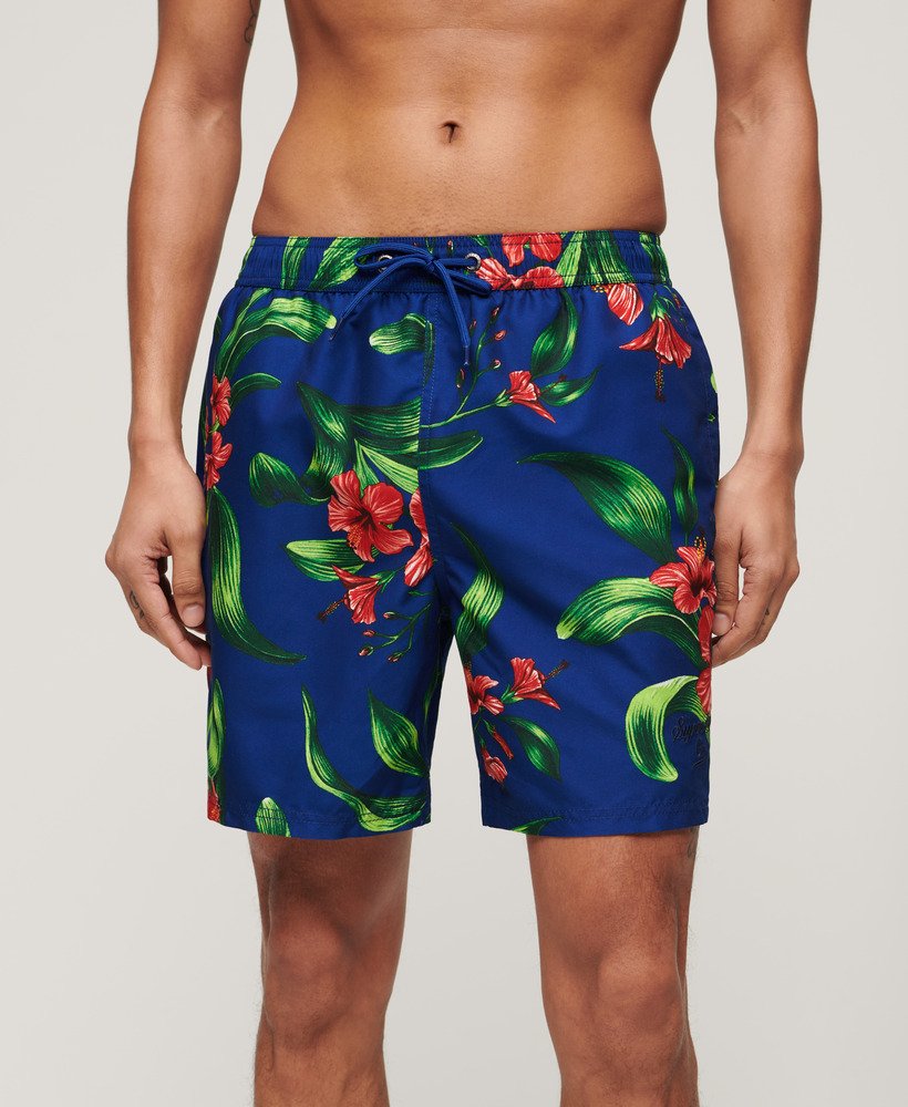 gerecyclede zwembroek met hawaïaanse print van 43 cm in hibiscus-koningsblauw.