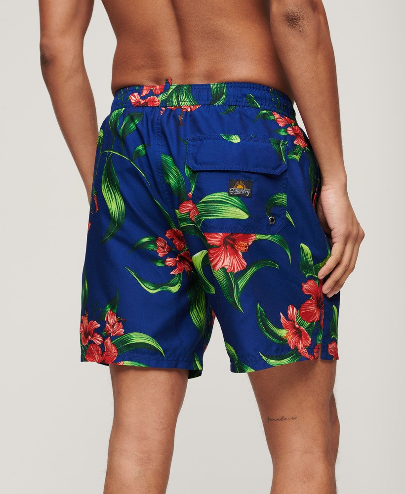 gerecyclede zwembroek met hawaïaanse print van 43 cm in hibiscus-koningsblauw.