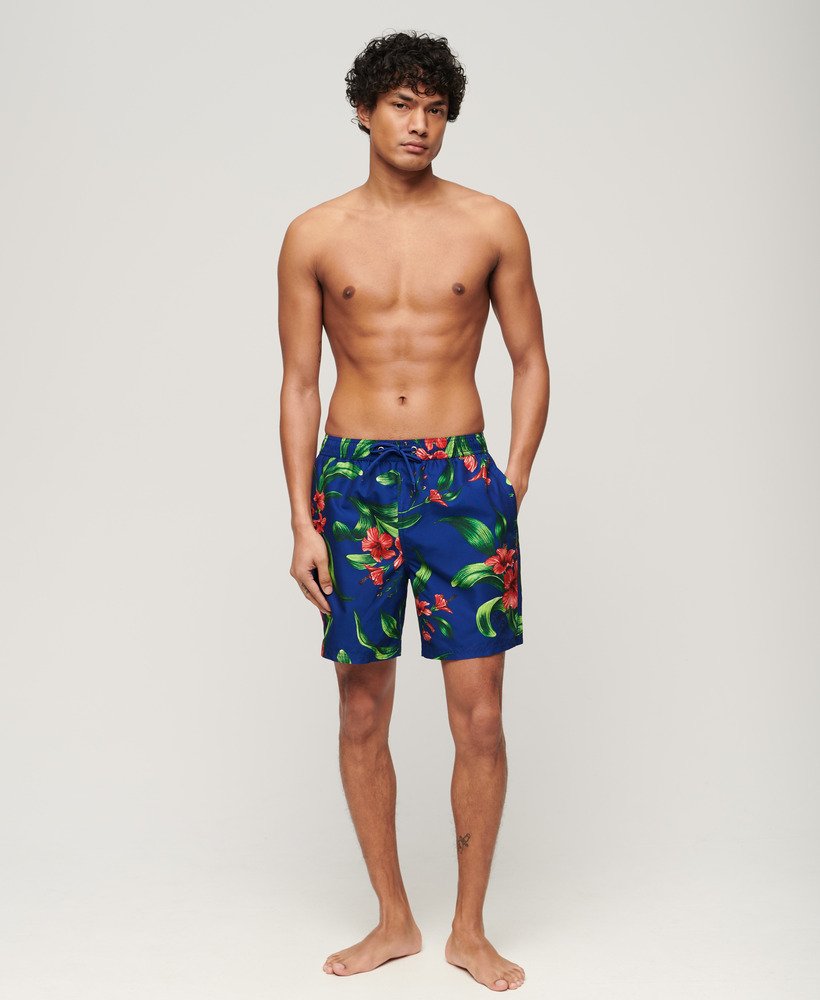 gerecyclede zwembroek met hawaïaanse print van 43 cm in hibiscus-koningsblauw.