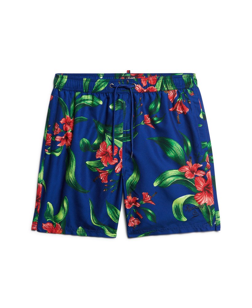 gerecyclede zwembroek met hawaïaanse print van 43 cm in hibiscus-koningsblauw.