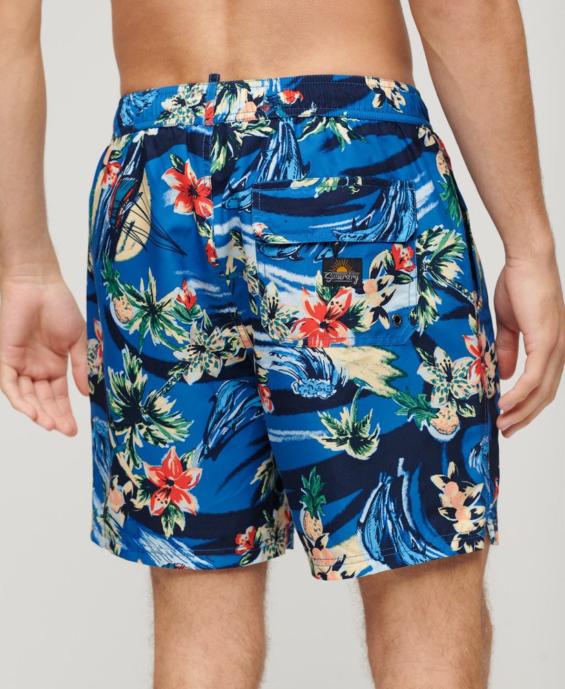 gerecyclede zwembroek met hawaïaanse print van 43 cm in dolfijnblauw.