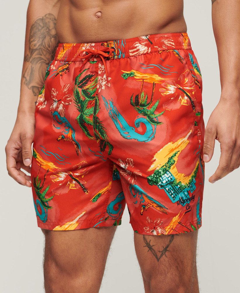 gerecyclede zwembroek met hawaïaanse print van 43 cm in waikiki-rood.