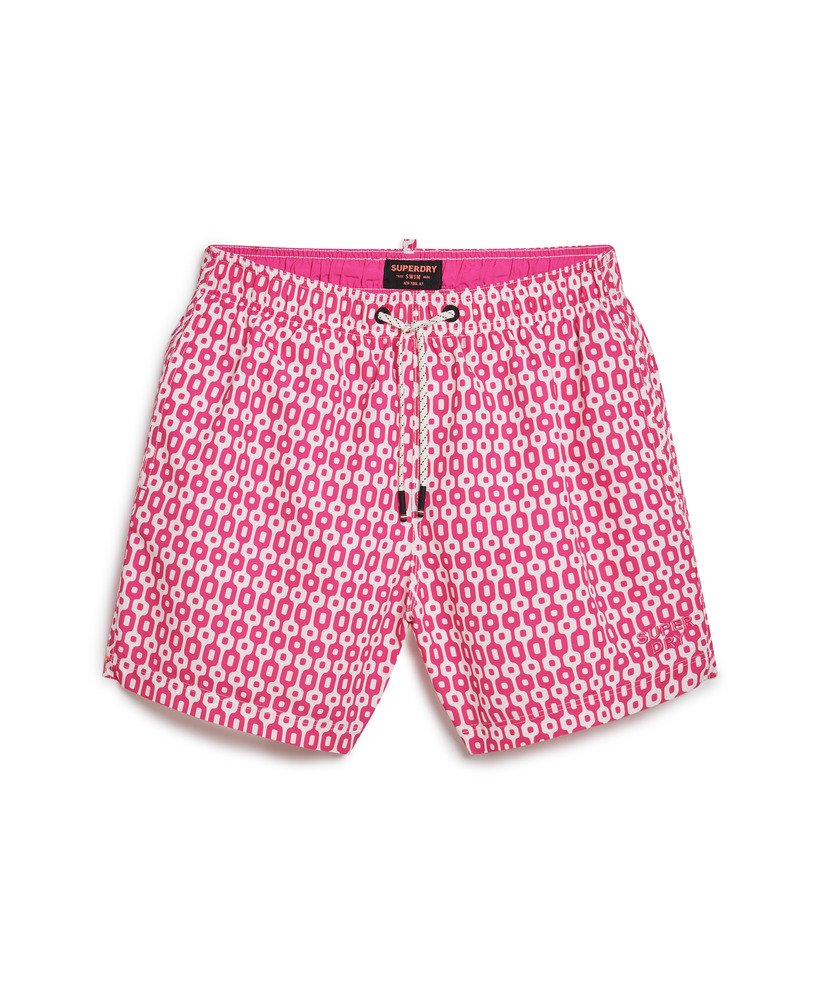 bedrukte gerecyclede zwembroek van 38 cm met roze geometrische print.