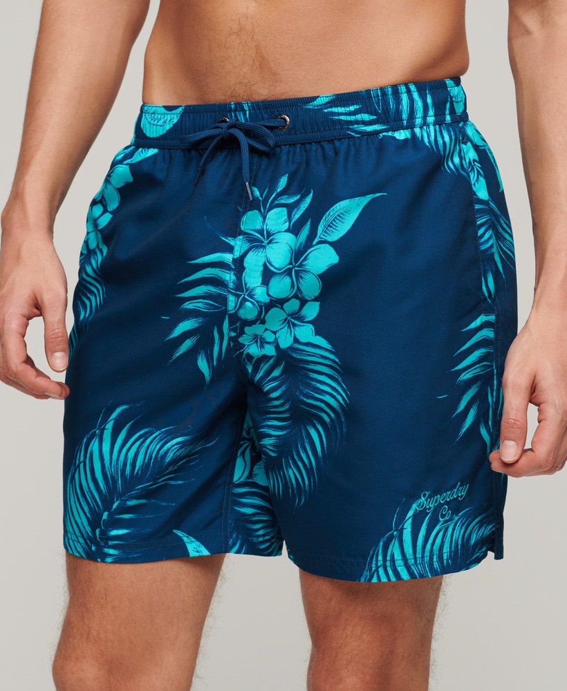 gerecyclede zwembroek van 17 inch met hawaïaanse print en palmbomenprint in marineblauw.