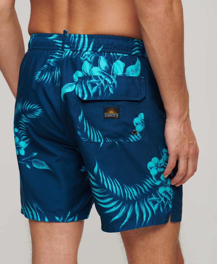 gerecyclede zwembroek van 17 inch met hawaïaanse print en palmbomenprint in marineblauw.