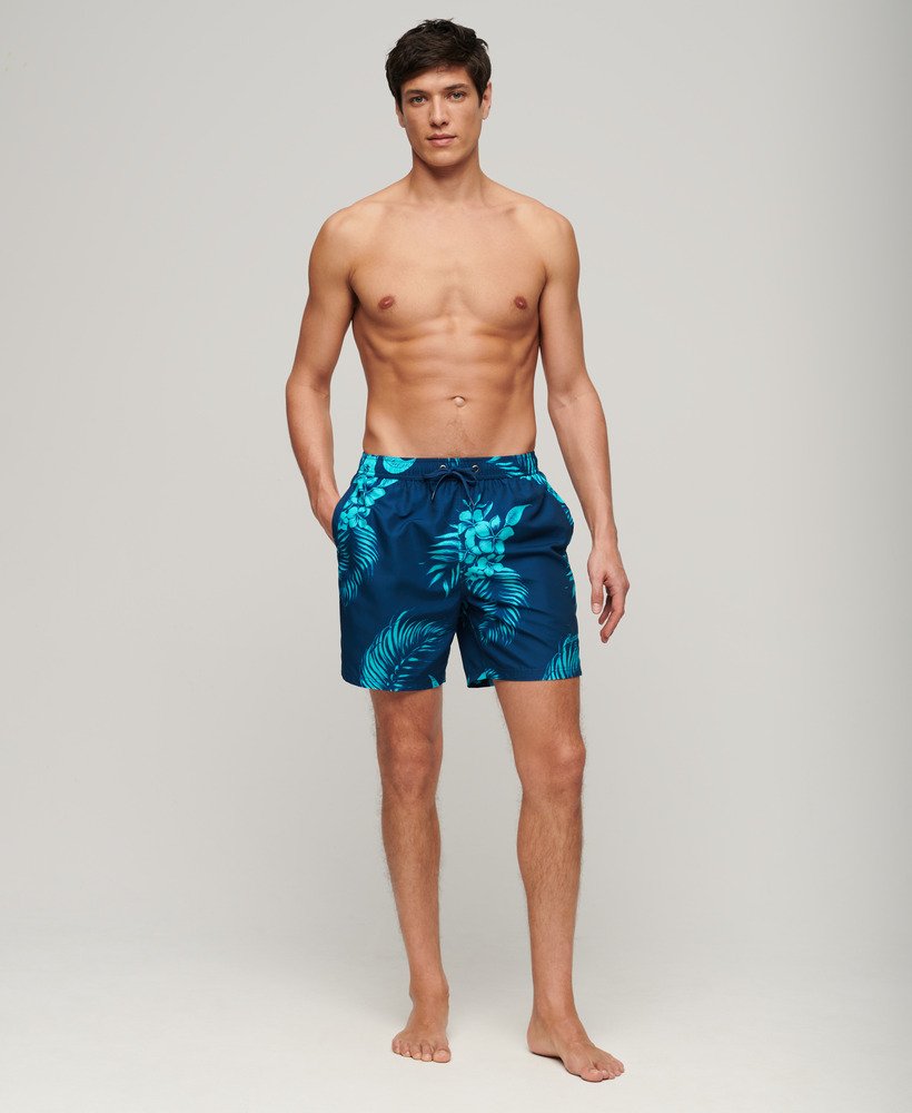 gerecyclede zwembroek van 17 inch met hawaïaanse print en palmbomenprint in marineblauw.