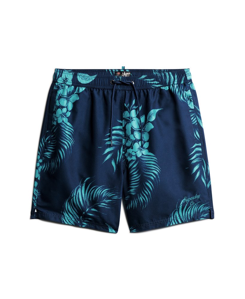 gerecyclede zwembroek van 17 inch met hawaïaanse print en palmbomenprint in marineblauw.