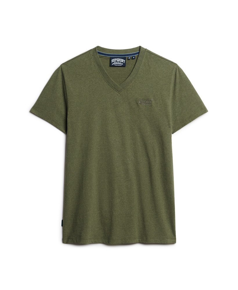 t-shirt met v-hals en essential-logo van biologisch katoen in een gemêleerde olijfgroene kleur.