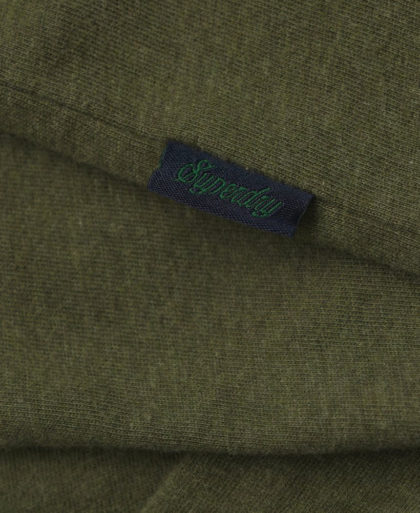 t-shirt met v-hals en essential-logo van biologisch katoen in een gemêleerde olijfgroene kleur.