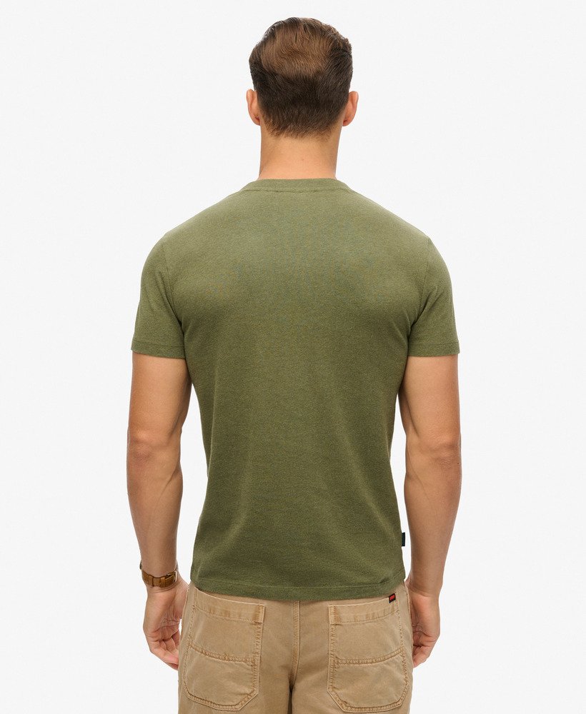 t-shirt met v-hals en essential-logo van biologisch katoen in een gemêleerde olijfgroene kleur.